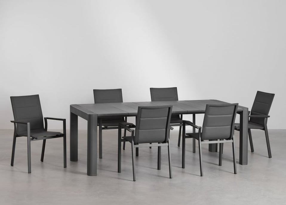 Ensemble table rectangulaire (180x100 cm) Arnadine et 6 chaises de jardin empilables en aluminium Karena