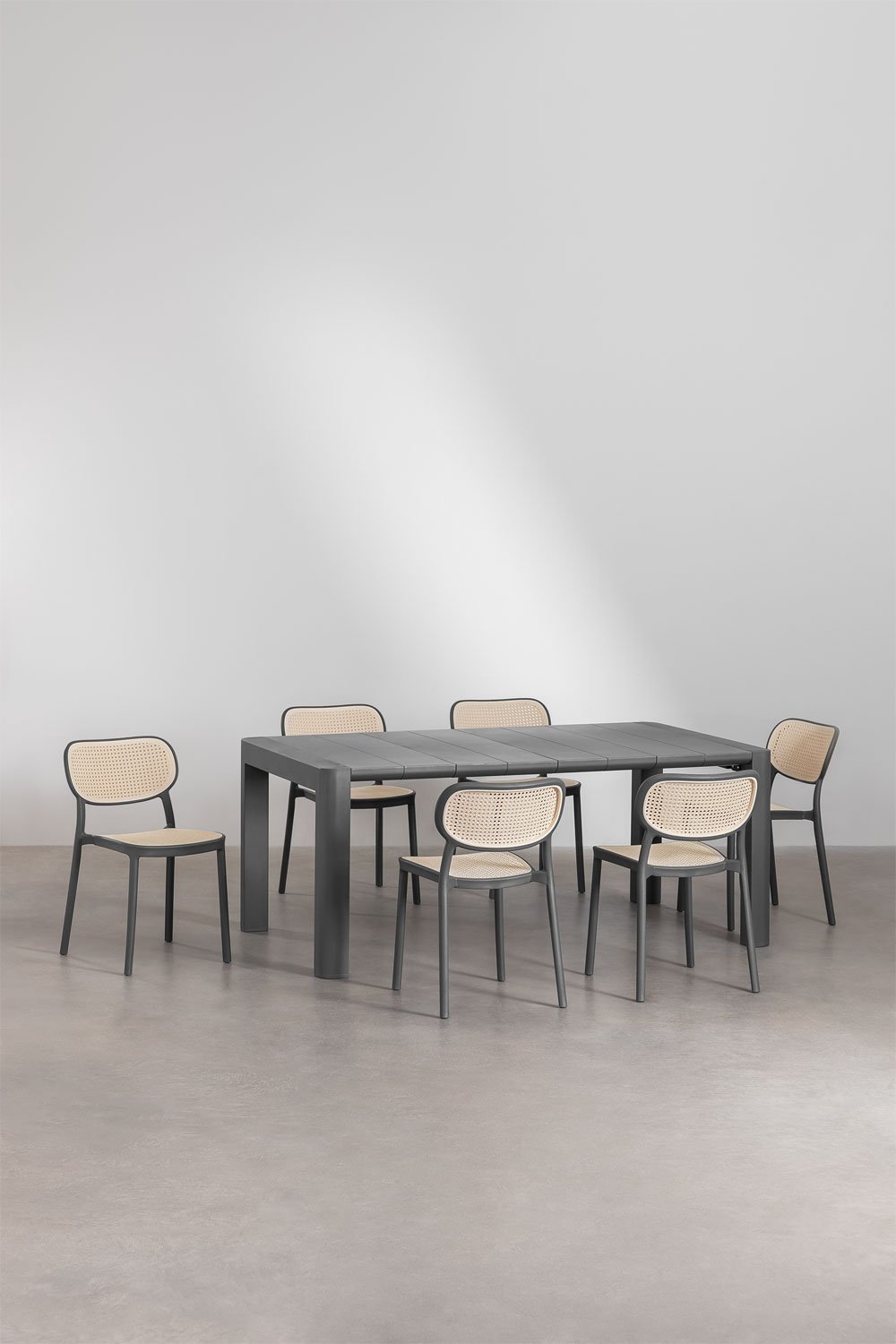 Ensemble table rectangulaire Arnadine (180x100 cm) et 6 chaises de salle à manger empilables Omara, image de la galerie 1