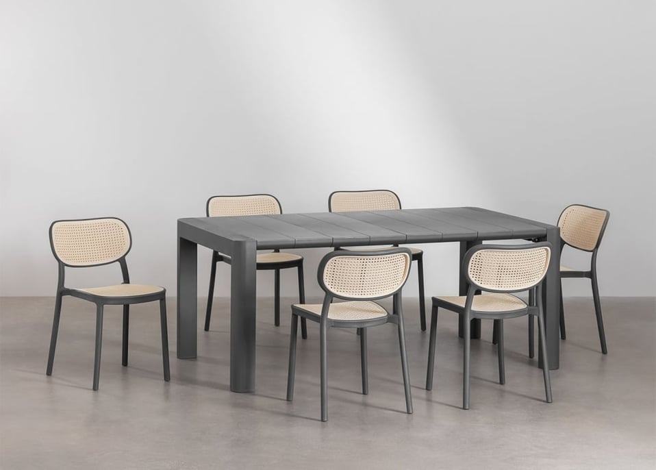 Ensemble table rectangulaire Arnadine (180x100 cm) et 6 chaises de salle à manger empilables Omara