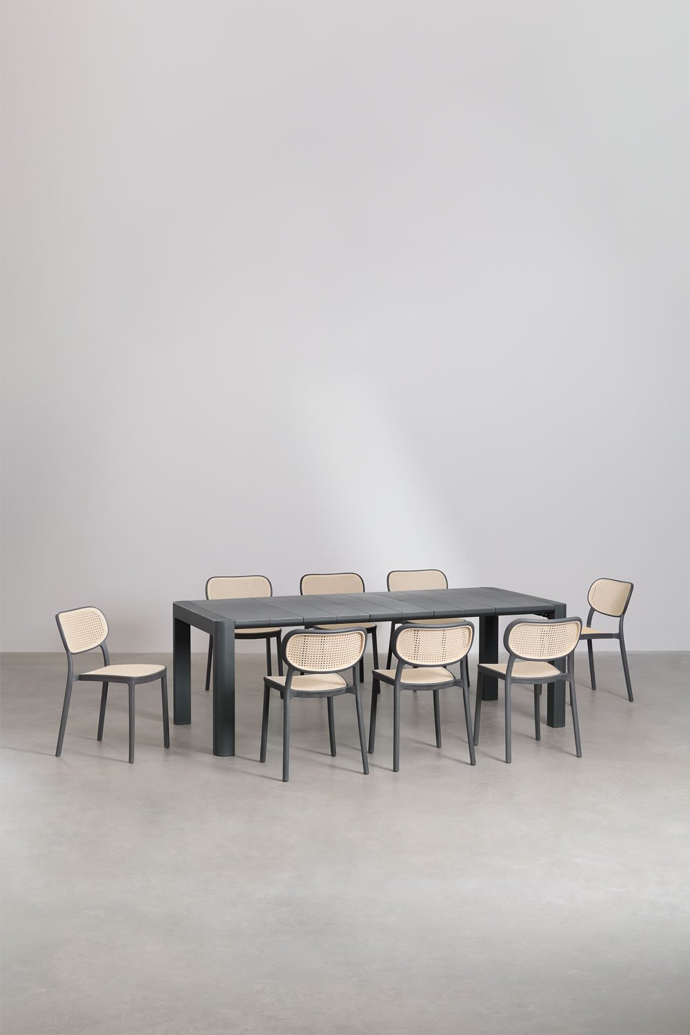 Ensemble table rectangulaire Arnadine (220x100 cm) et 8 chaises de salle à manger empilables Omara, image de la galerie 1