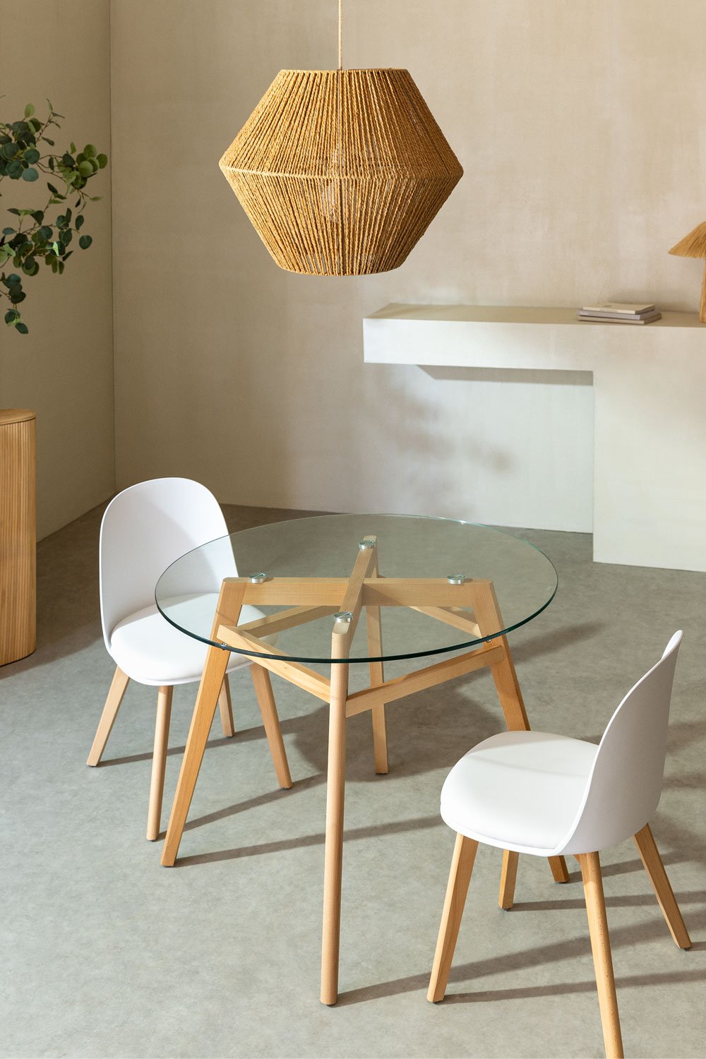 Table à manger ronde en verre et bois de hêtre Scand Nordic, image de la galerie 1