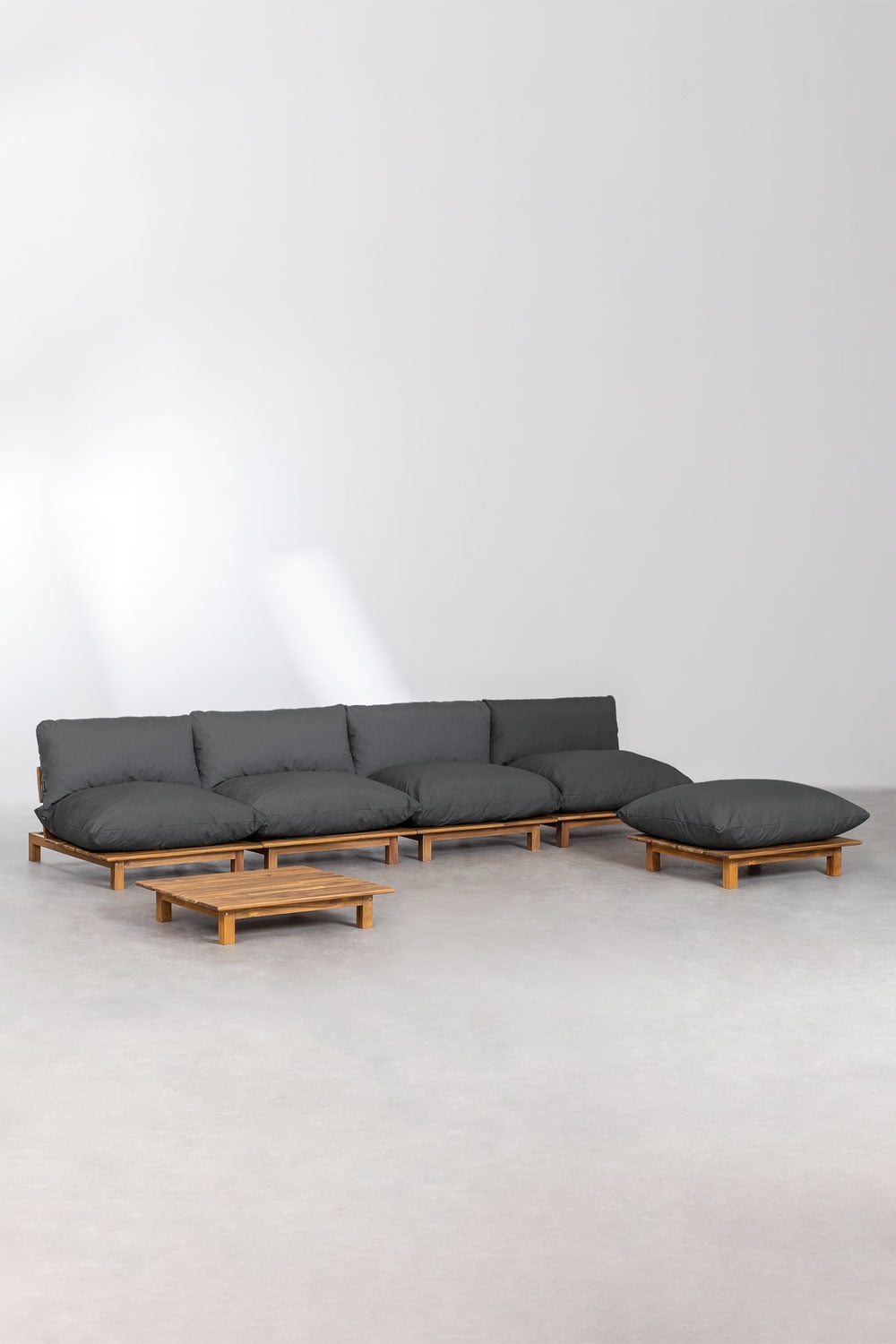 Ensemble de jardin avec canapé modulaire inclinable 4 pièces, table basse et pouf en bois d'acacia Brina, image de la galerie 3