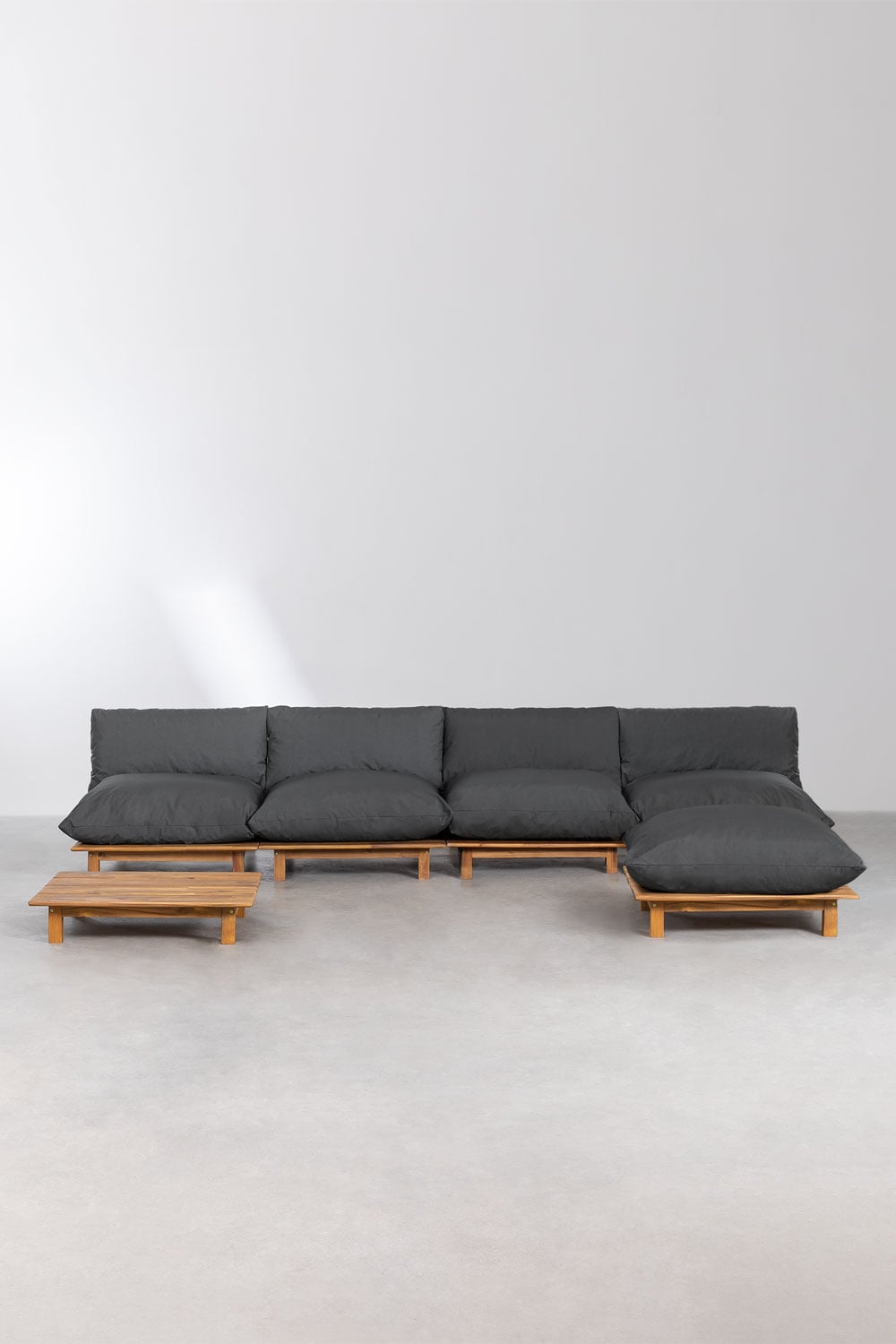 Ensemble de jardin avec canapé modulaire inclinable 4 pièces, table basse et pouf en bois d'acacia Brina, image de la galerie 4