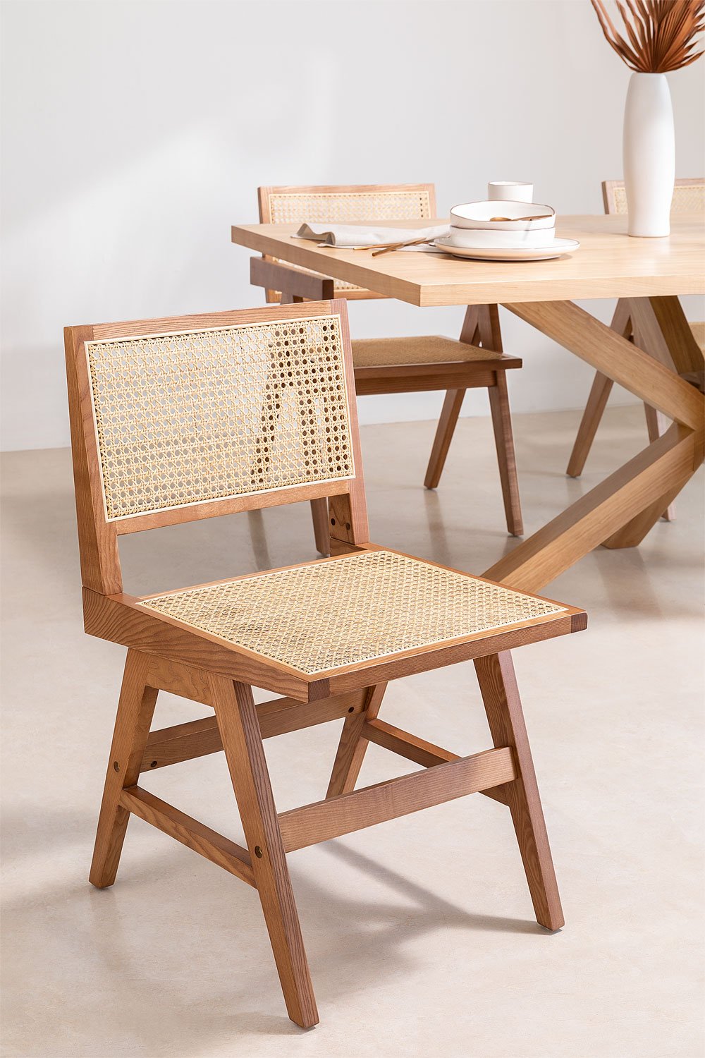 Pack de 4 chaises de salle à manger en frêne et rotin Lali, image de la galerie 1