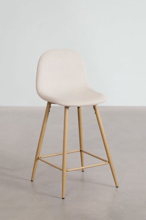 Lot de 2 tabourets hauts 65 cm en velours côtelé beige lin et pieds finition bois naturel Glamm