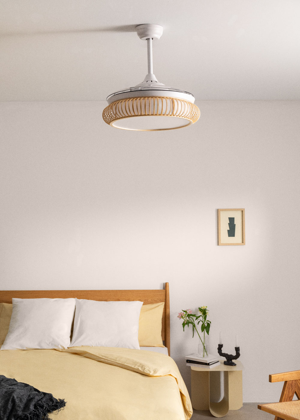 CREATE WIND CLEAR Ventilateur De Plafond Avec Lumière - Lames Rétractables, Wifi, 6 Vitesses, Silencieux, Bois Naturel