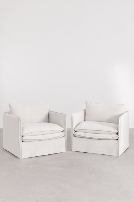 Pack de 2 fauteuils avec accoudoirs en lin et coton Grace - Tissu Blanc Cassé