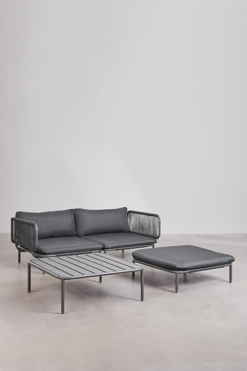 Canapé de jardin modulable 2 pièces avec 2 fauteuils d'angle, pouf et table basse Roubly, image de la galerie 1