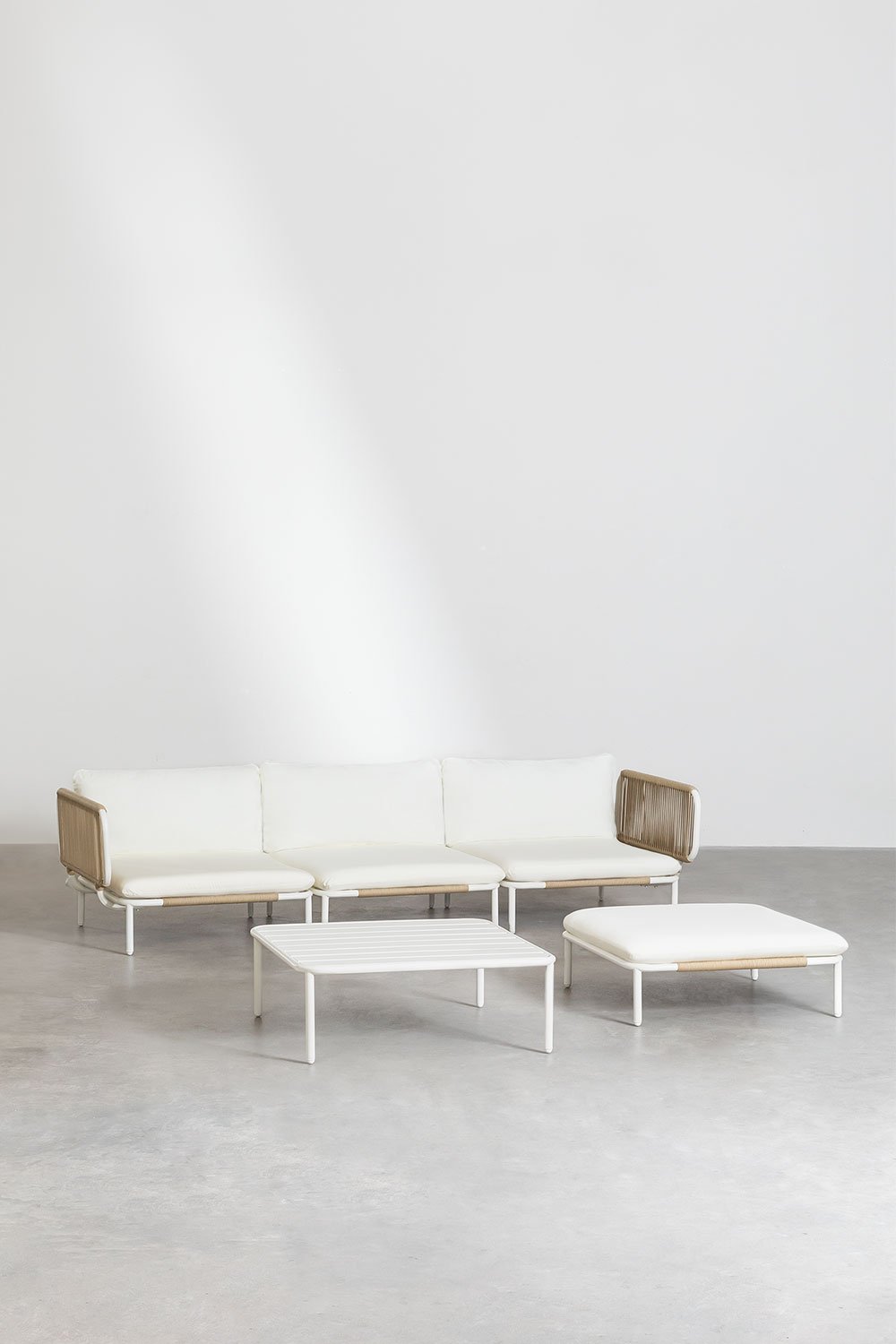 Canapé de jardin modulable 3 pièces avec 2 fauteuils d'angle, pouf et table basse Roubly, image de la galerie 2