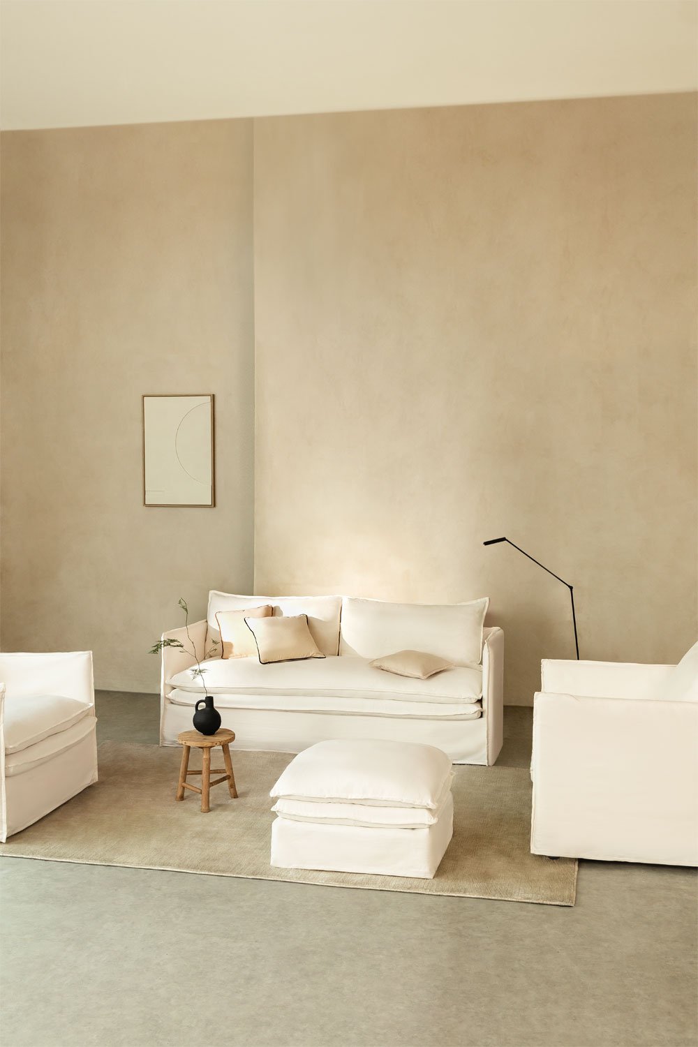 Ensemble de salon avec un canapé 3 places, 2 fauteuils et un pouf en lin et coton Grace, image de la galerie 12