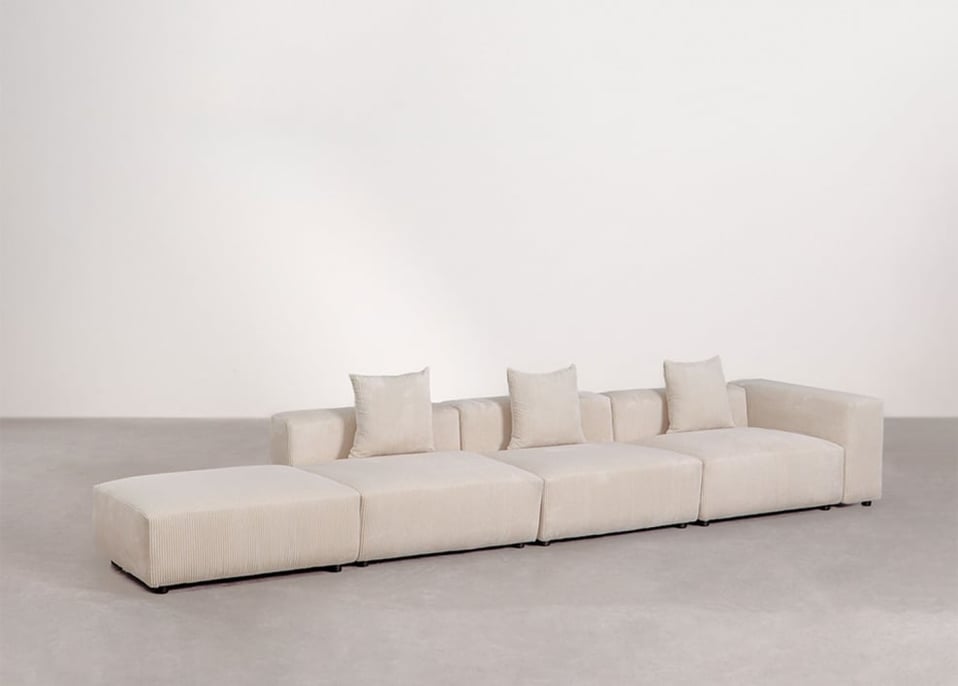 Canapé d'angle modulaire droit 3 pièces avec accoudoir haut et pouf ↔︎450 cm Bruna - Velours Côtelé Beige Lin