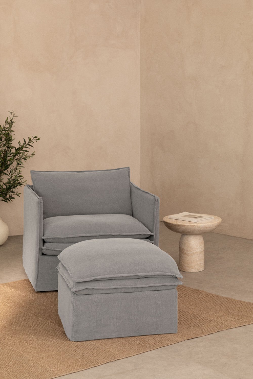 Ensemble de salon Grace en lin et coton avec fauteuil et pouf, image de la galerie 1