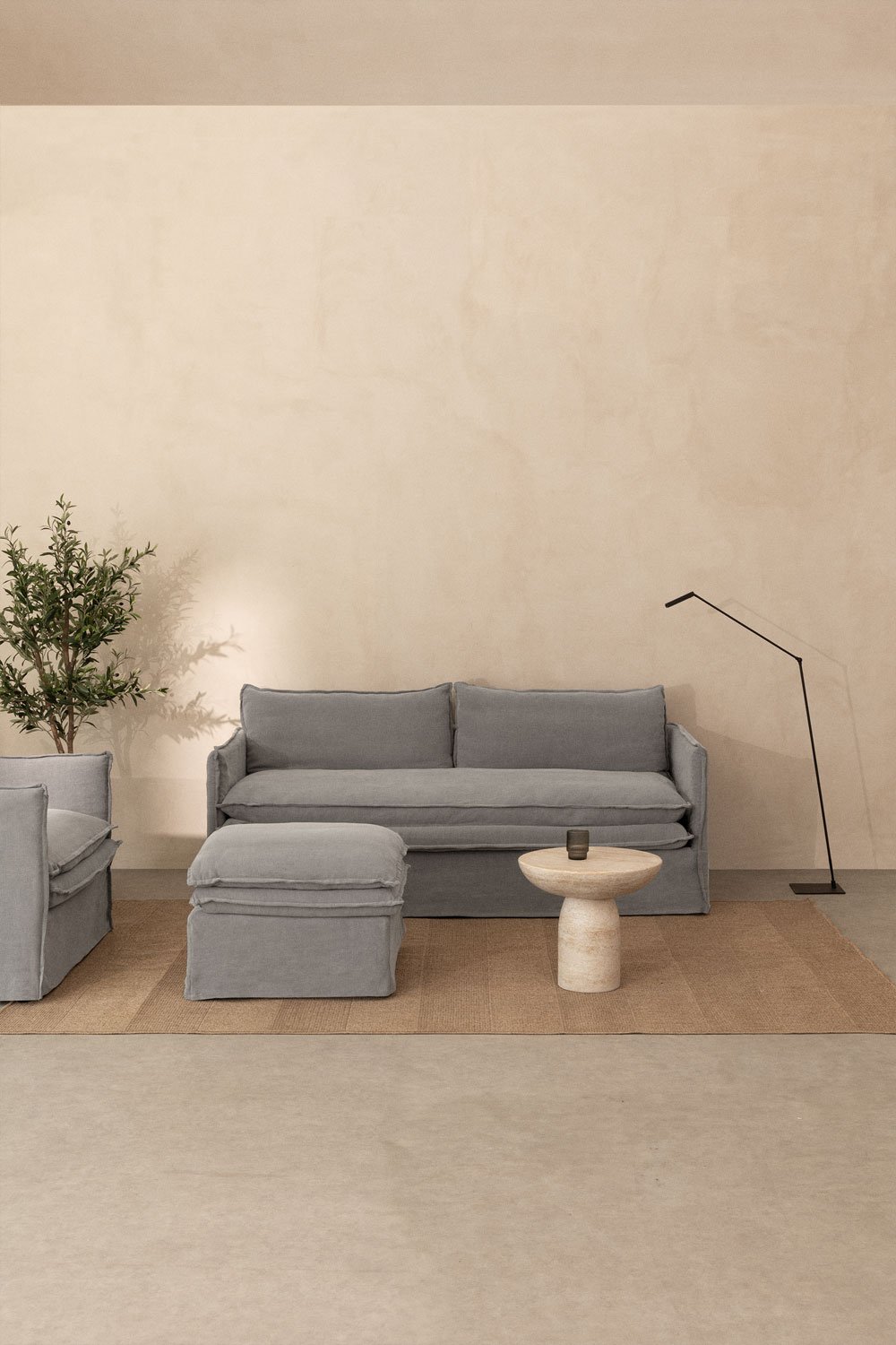 Ensemble de salon avec un canapé 3 places, 2 fauteuils et un pouf en lin et coton Grace, image de la galerie 1