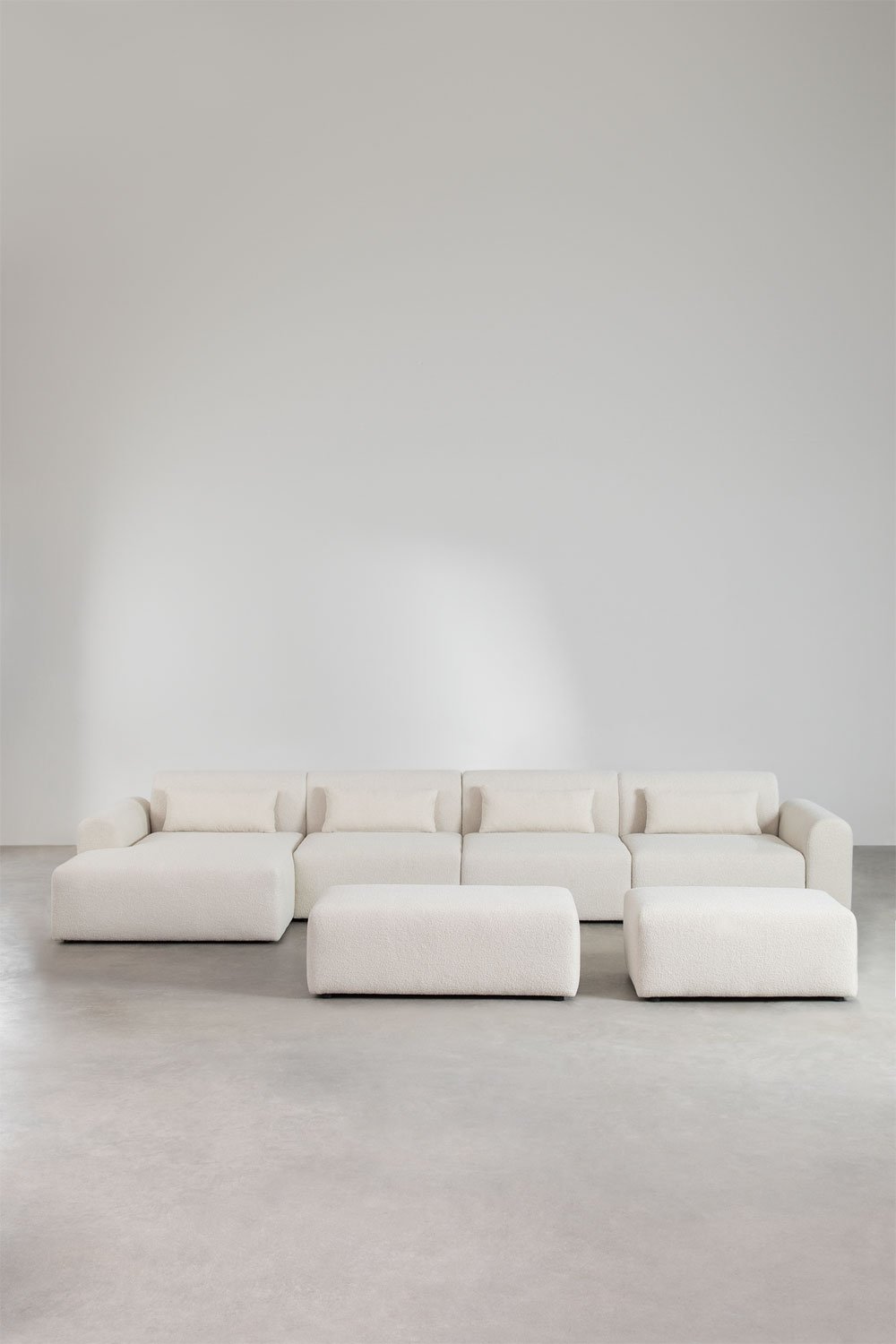 Canapé modulaire avec méridienne gauche de 4 pièces avec 2 poufs en tissu bouclette Borjan, image de la galerie 3