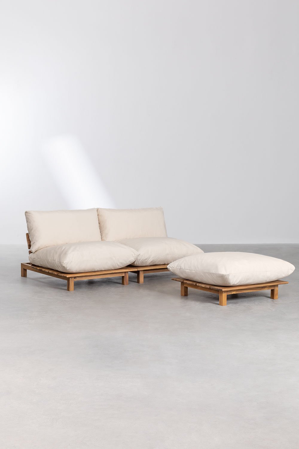 Canapé modulaire inclinable 2 pièces avec pouf en bois d'acacia Brina, image de la galerie 1