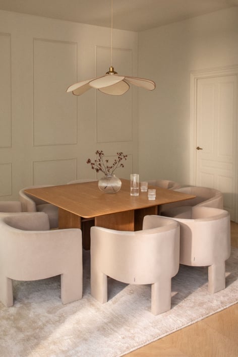 Ensemble table carrée en MDF et placage frêne (140x140 cm) Ginger et 8 chaises de salle à manger en velours Xastru