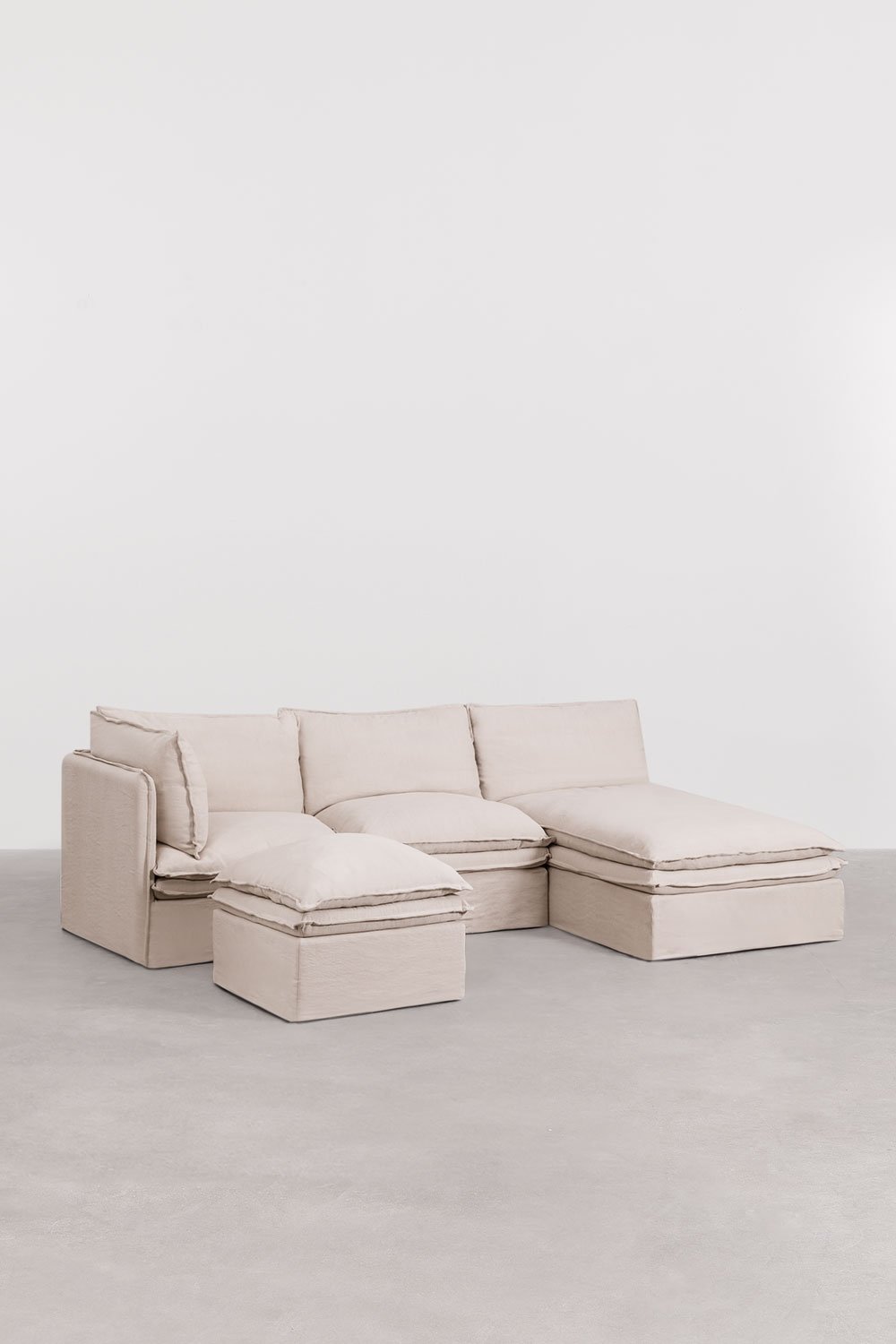 Canapé méridienne modulaire 3 pièces Grace et pouf en lin et coton, image de la galerie 1