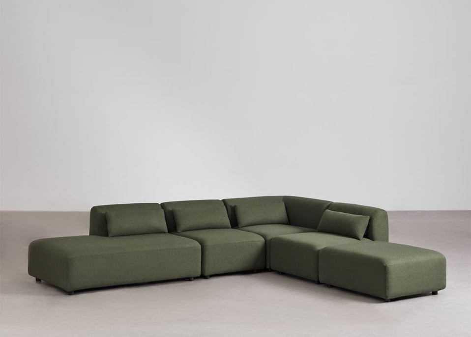 Canapé d'angle modulable 4 pièces avec méridienne gauche et pouf Fogler - Chenille Vert Sauge