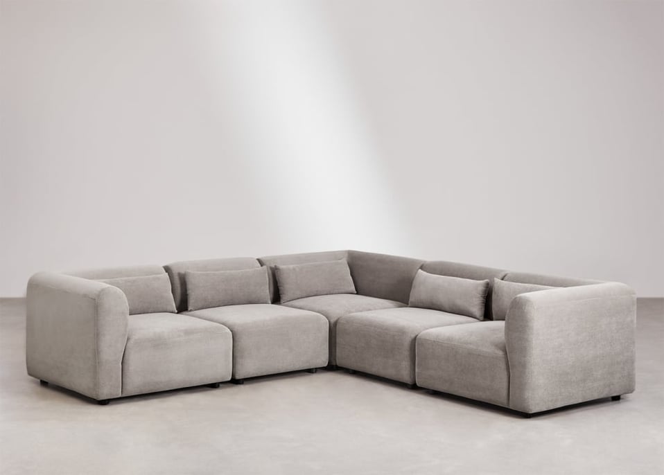 Canapé d'angle modulaire 5 pièces Fogler - Velours Côtelé Gris Taupe Clair