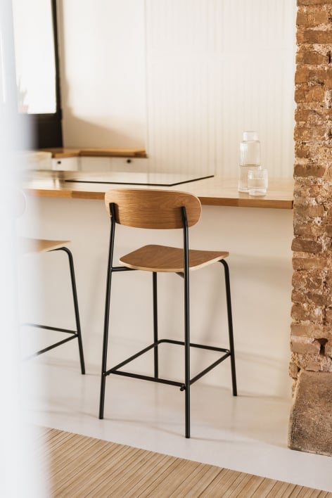 Tabouret haut 65cm en fer noir et bois finition naturelle Wilpier - Noir