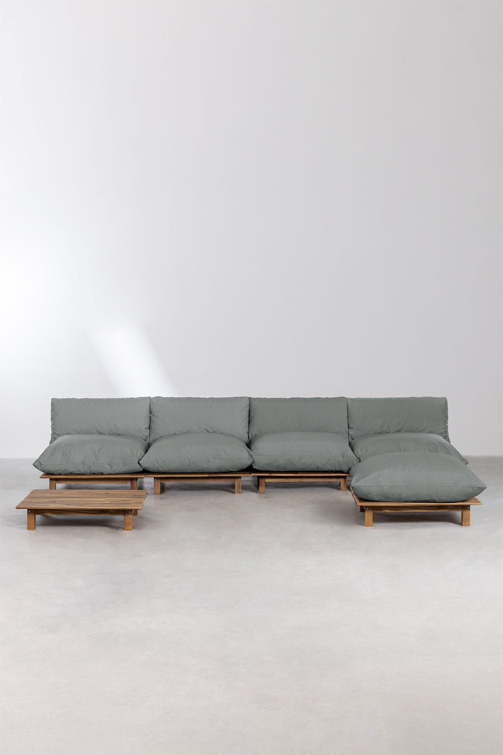 Ensemble de jardin avec canapé modulaire inclinable de 4 pièces, table basse et pouf en bois d'acacia Brina, image de la galerie 4