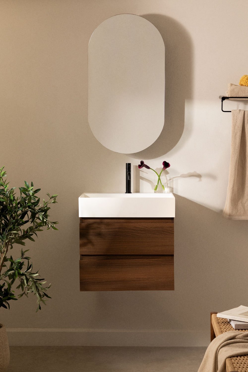 Ensemble de meuble de salle de bain en bois et placage de frêne avec lavabo intégré Ona, image de la galerie 1