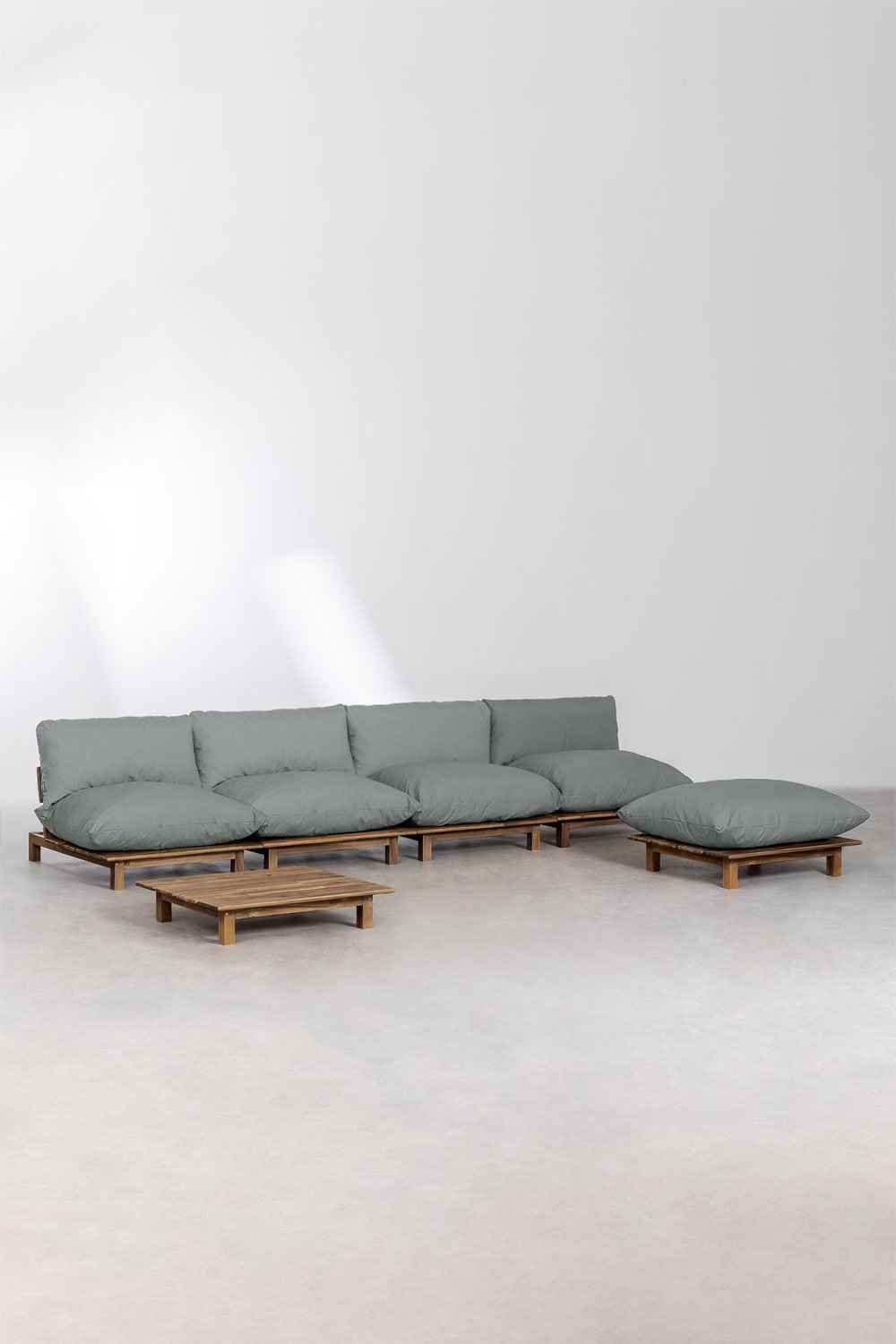 Ensemble de salon modulaire inclinable de 4 pièces, table basse et pouf en bois d'acacia Brina, image de la galerie 1
