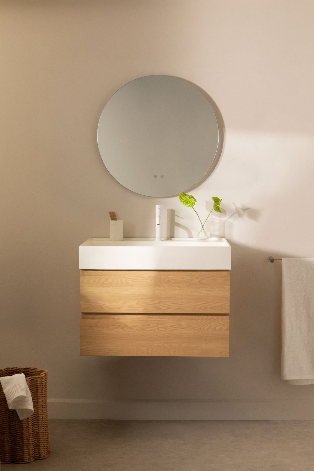 Ensemble de meuble de salle de bain en bois et placage de frêne avec lavabo intégré Ona, image de la galerie 1