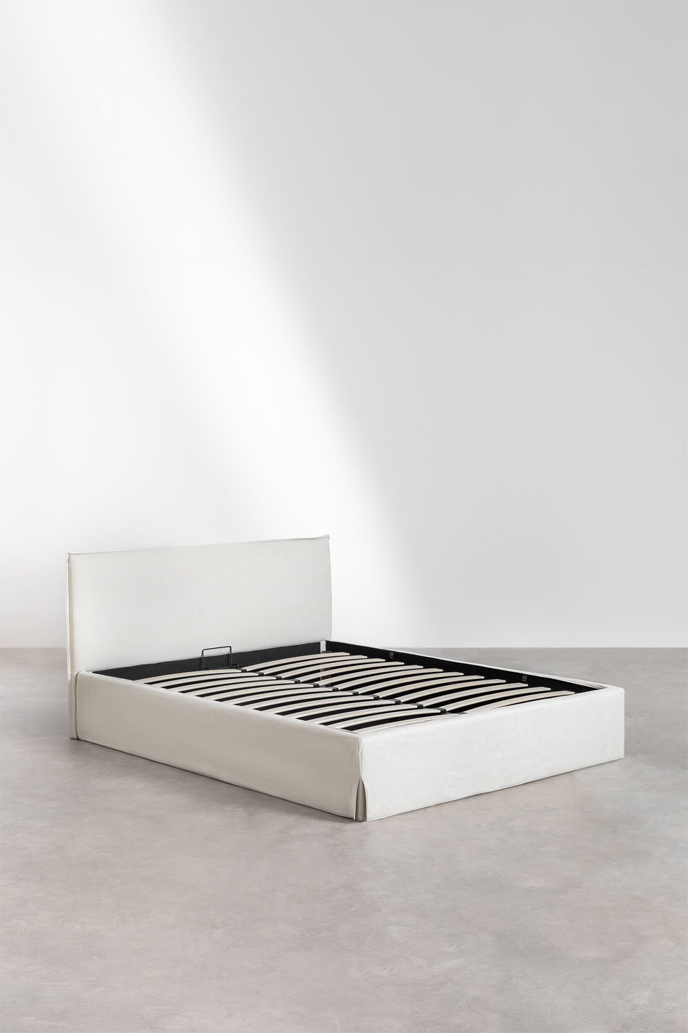 Lit avec coffre de rangement pour matelas 160x200cm en tissu blanc cassé Lorea, image de la galerie 2