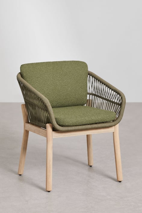 Chaise de salle à manger avec accoudoirs en bois d'acacia et corde tressée Karvia - Bouclé Vert Sauge