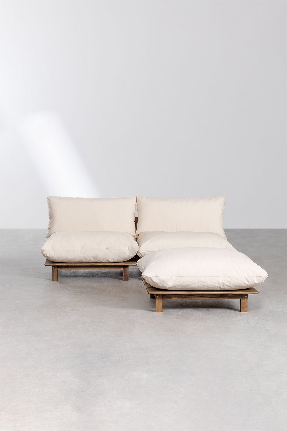 Canapé inclinable de jardin modulaire 2 pièces avec pouf en bois d'acacia Brina, image de la galerie 4