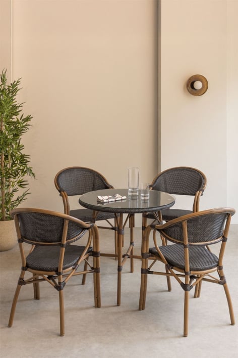 Ensemble table ronde Brielle Bistro Classic Ø80 cm et 4 chaises avec accoudoirs en textilène et aluminium Brielle Bistro Classic