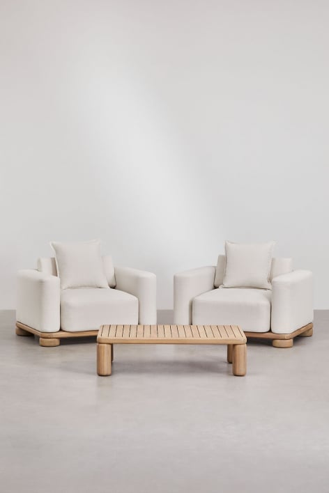 Ensemble de salon avec 2 fauteuils et table basse en bois d'acacia 125x80 cm Ioanis