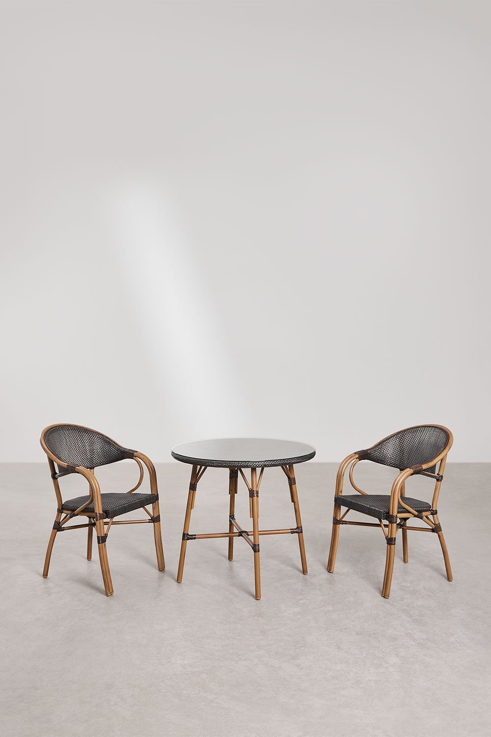 Ensemble table ronde Brielle Bistro Classic Ø80 cm et 2 chaises de jardin avec accoudoirs en textilène et aluminium, image de la galerie 2