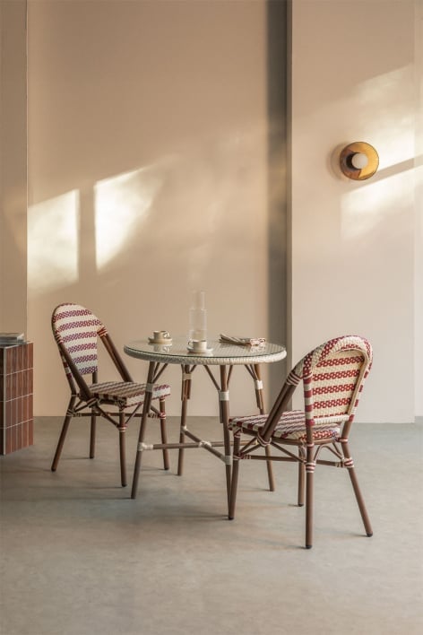 Ensemble table ronde Ø80 cm Brielle Bistro et 2 chaises empilables en rotin synthétique et aluminium Solange Bistro