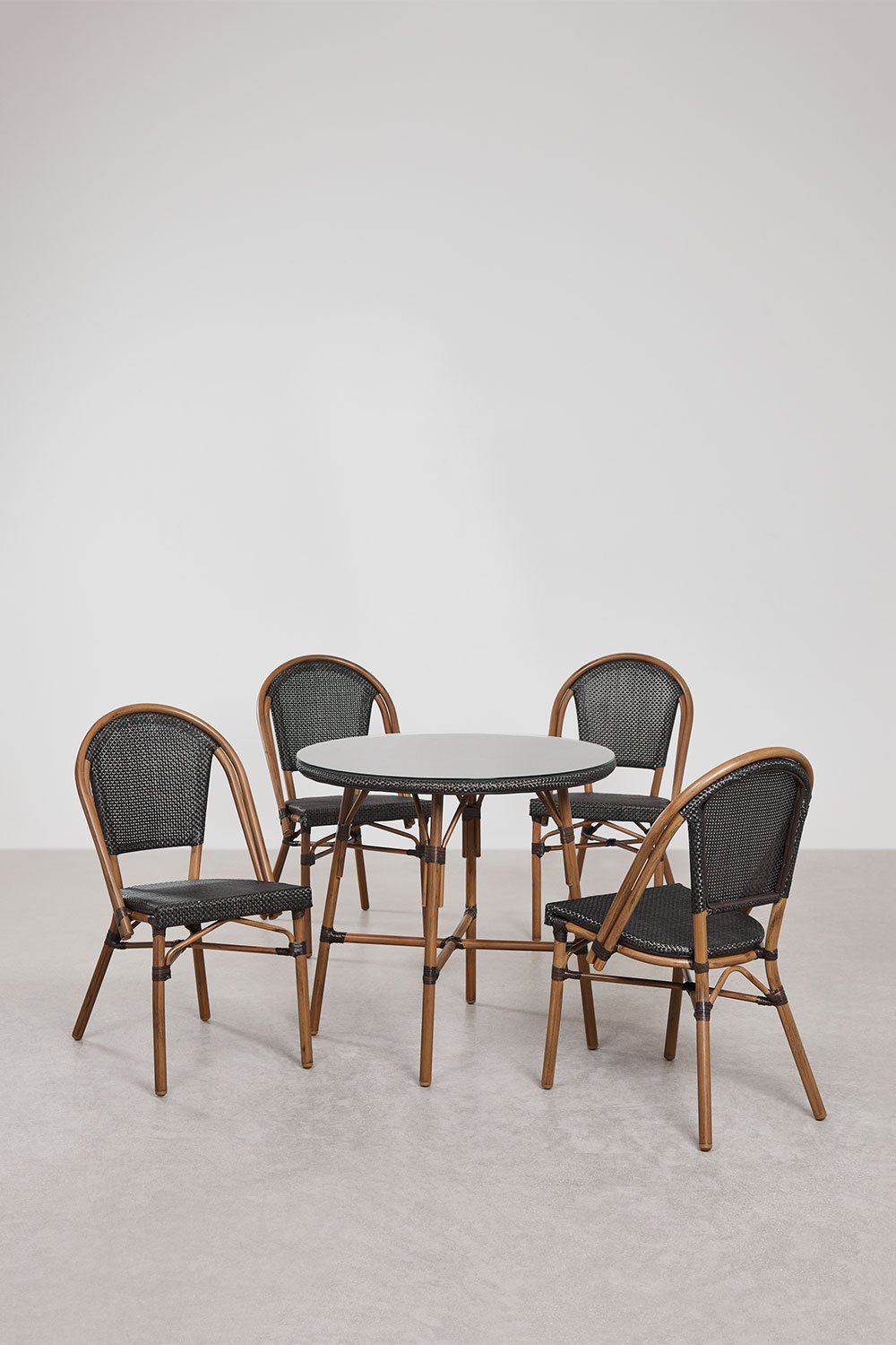 Ensemble table ronde Brielle Bistro Ø80 cm et 4 chaises de jardin empilables en textilène et aluminium Brielle Bistro Classic, image de la galerie 2