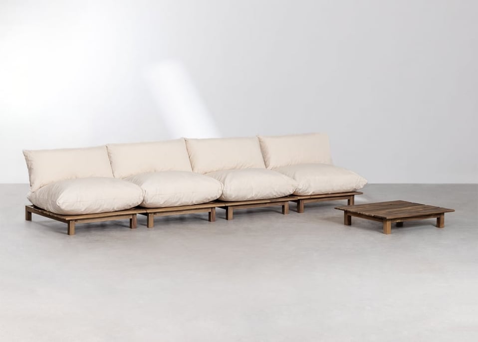 Ensemble de salon avec canapé inclinable modulable 4 pièces et table basse en bois d'acacia Brina