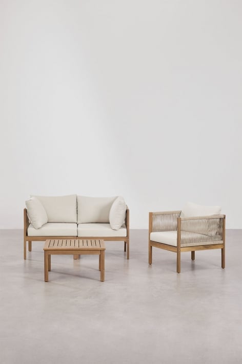 Ensemble de salon avec canapé modulable 2 pièces avec accoudoirs, fauteuil et table basse en bois d'acacia Branson