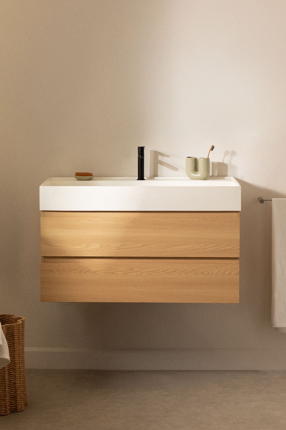 Ensemble de meuble de salle de bain en bois et placage de frêne avec lavabo intégré Ona, image de la galerie 1