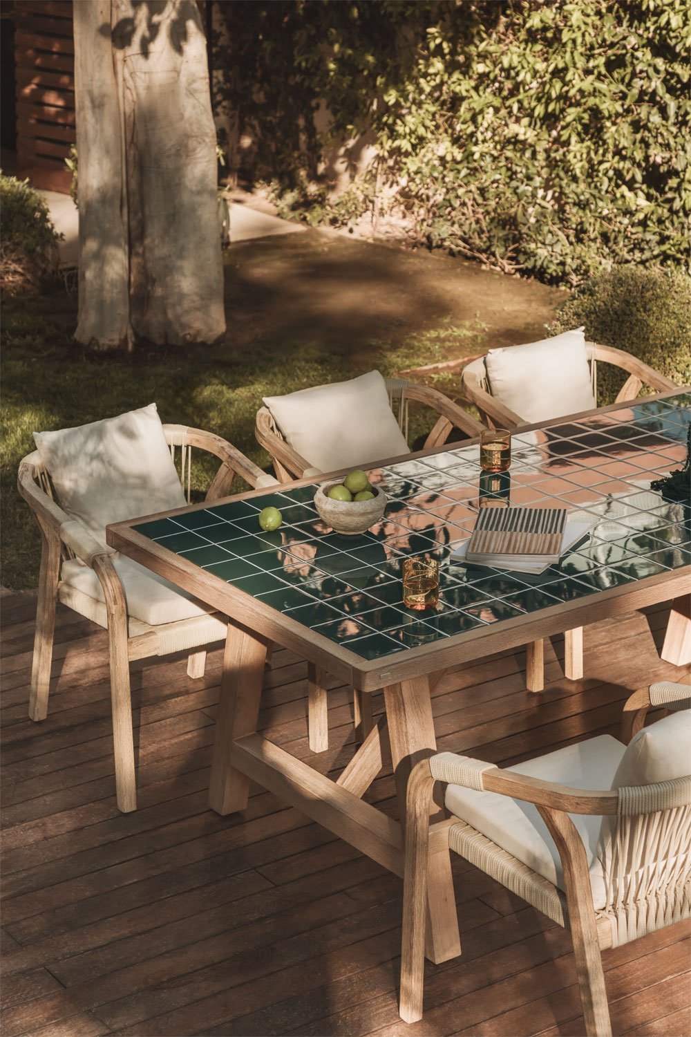 Table de jardin rectangulaire 200x100 cm en bois d'acacia et carrelage Dubaï, image de la galerie 2