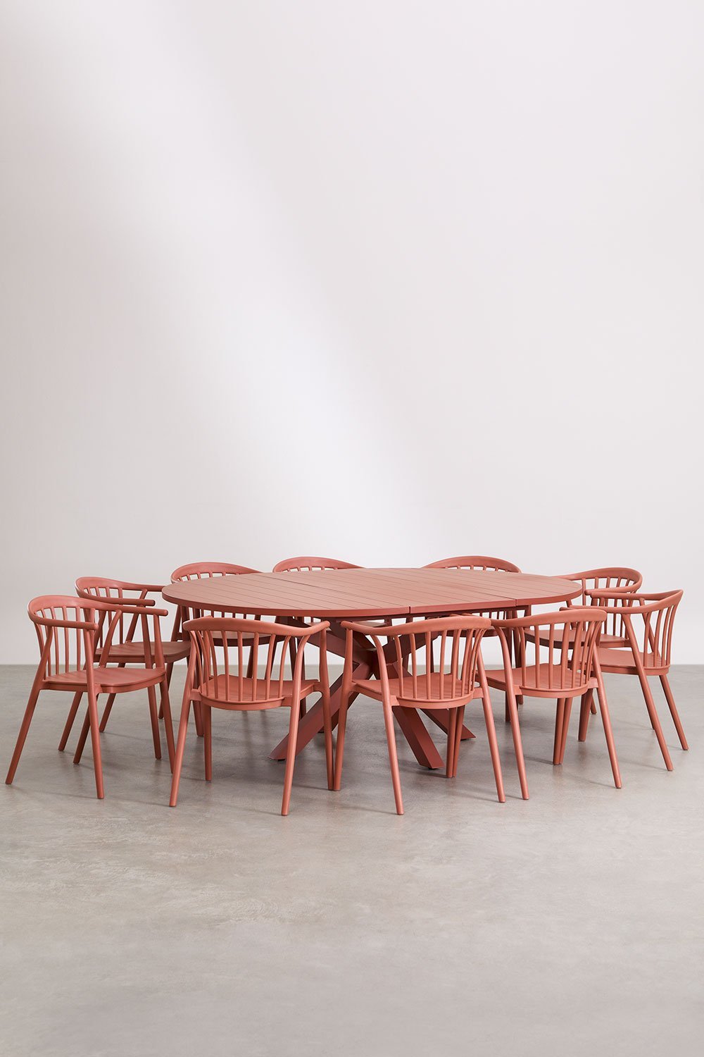 Ensemble de table ronde extensible 145-200x145 cm en aluminium Barces et 10 chaises de salle à manger empilables avec accoudoirs, image de la galerie 1