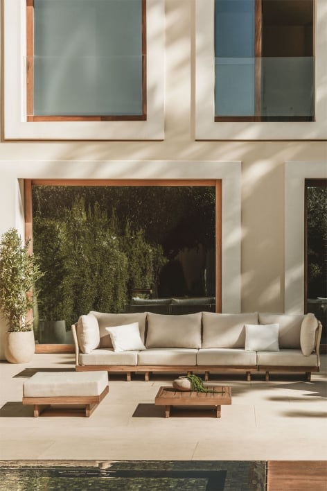 Ensemble de canapé de jardin modulable Dailin 4 pièces avec 2 chaises d'angle, table basse et pouf en bois d'acacia