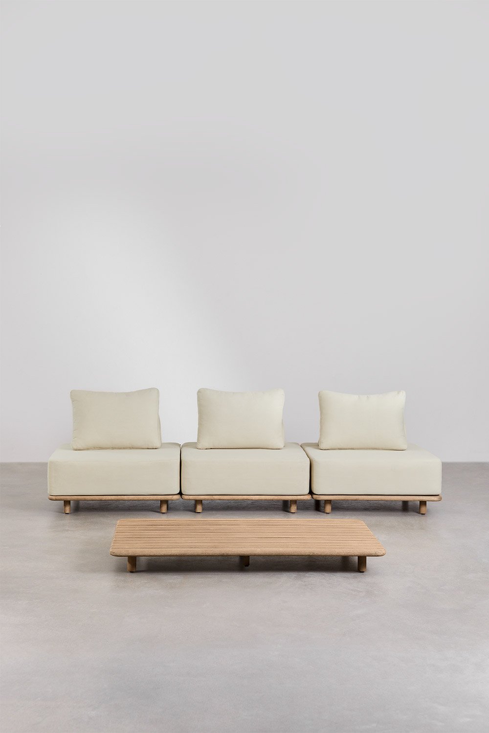 Ensemble de jardin avec canapé modulaire 3 pièces et table basse 160x95 cm en acacia Portet, image de la galerie 5