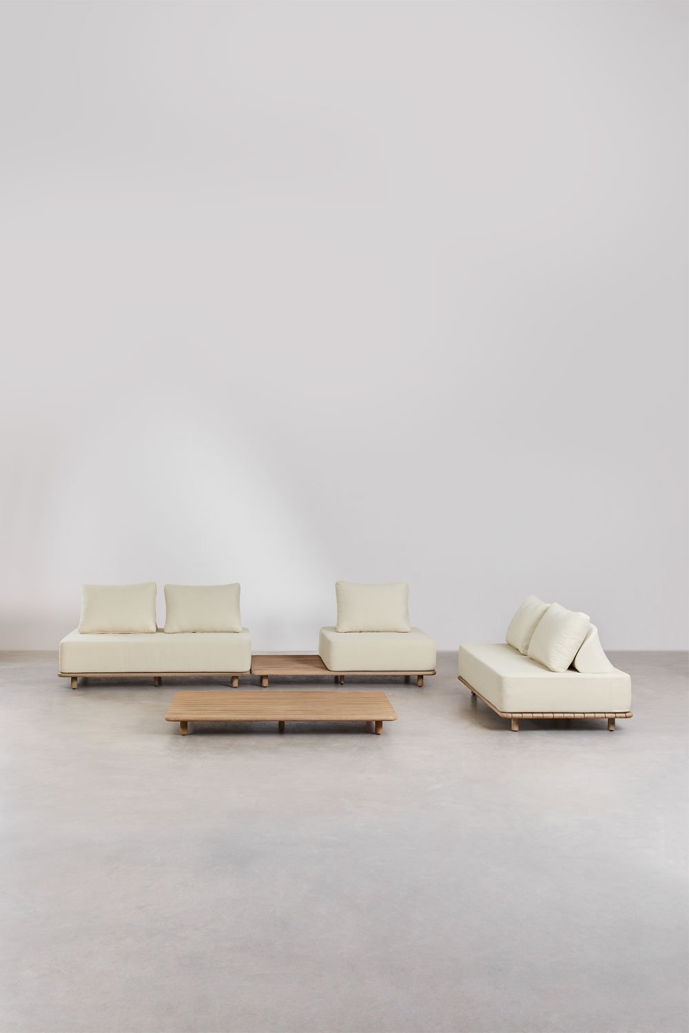Ensemble de salon avec canapé modulaire 2 pièces et table d'appoint, canapé et table basse 160x95 cm en acacia Portet, image de la galerie 2
