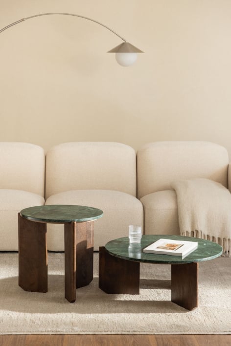 Ensemble de 2 tables basses rondes en pierre naturelle et bois de manguier Lavinia - Marbre Vert