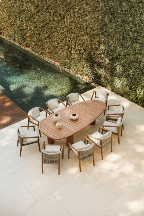Ensemble de table ovale ↔︎260 cm en bois d'acacia Ginara et 10 chaises de jardin en bois d'eucalyptus Aderyn