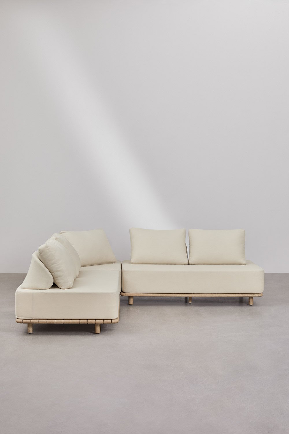 Ensemble de salon avec canapé d'angle modulaire 3 pièces en acacia Portet, image de la galerie 2