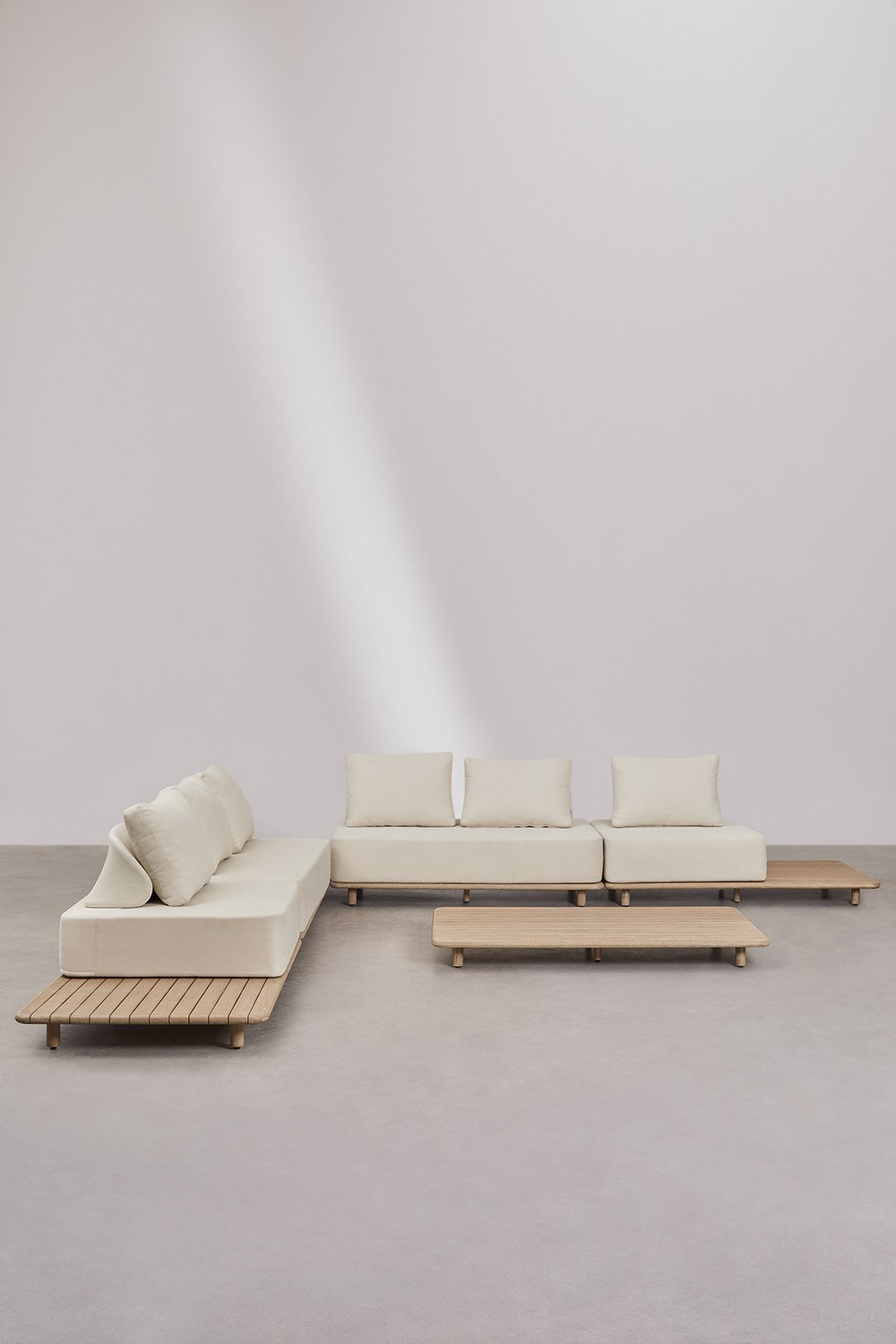 Ensemble de jardin avec canapé d'angle modulaire 4 pièces avec table d'appoint et table basse 160x95 cm en acacia Portet, image de la galerie 4