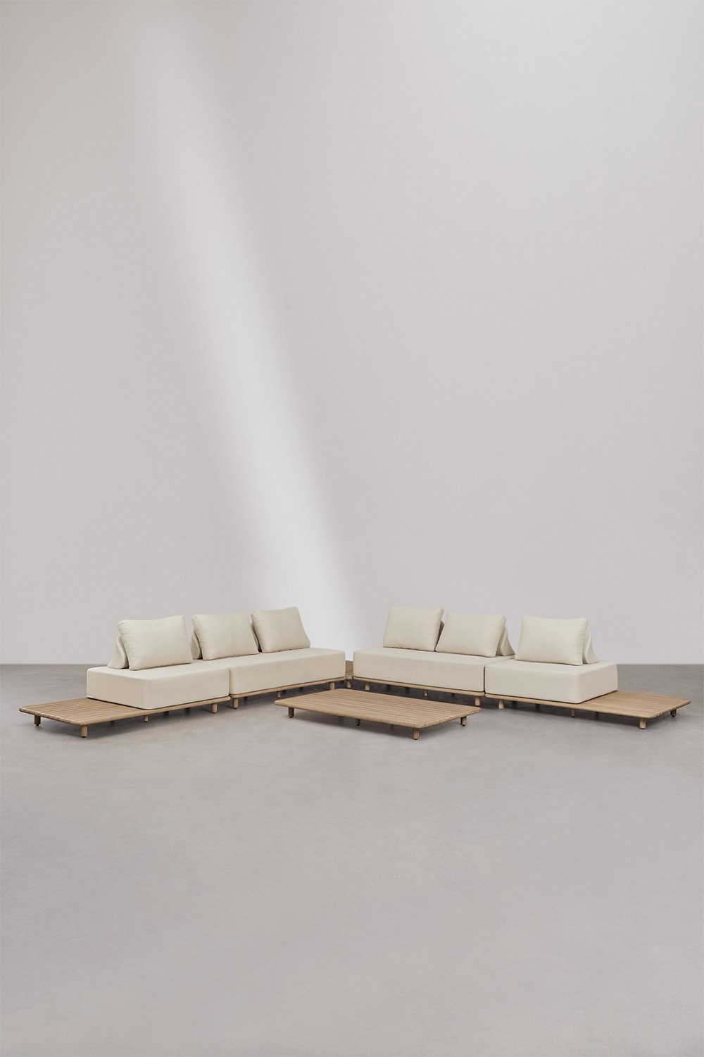Ensemble de salon avec canapé d'angle modulaire 4 pièces avec table d'appoint et table basse 160x95 cm en acacia Portet, image de la galerie 1