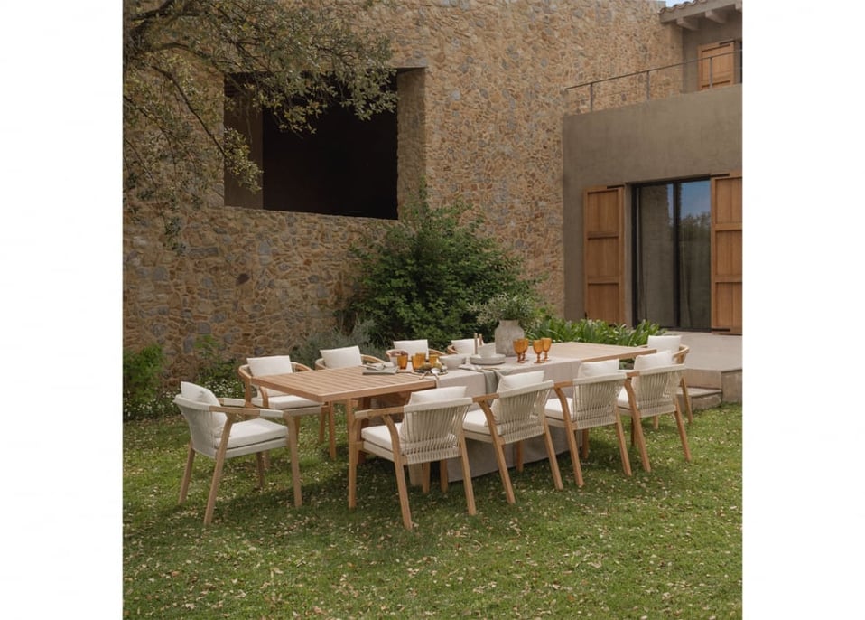 Ensemble table rectangulaire extensible 200-260-320x100 cm et 10 chaises de jardin avec accoudoirs en bois d'acacia de Dubaï